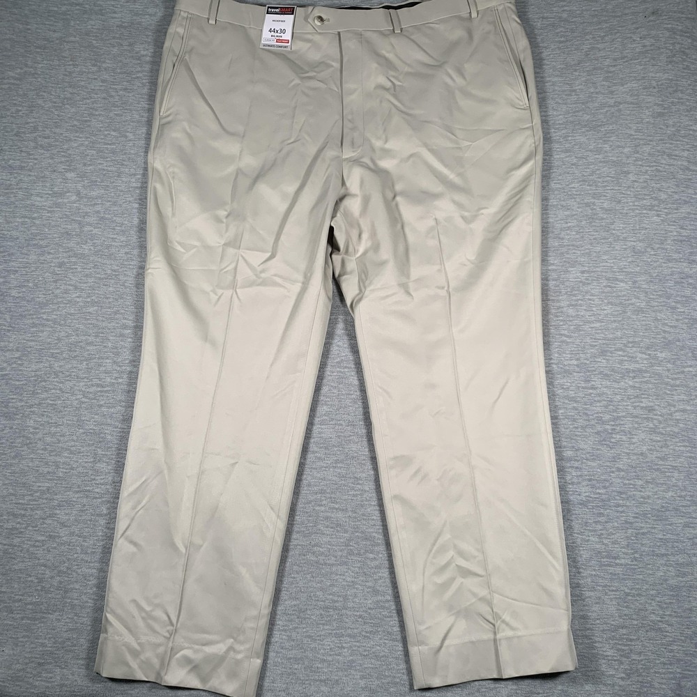 Roundtree & Yorke Dress Pants Mens 44x30 Beige TravelSMART Big & Tall Microfiber